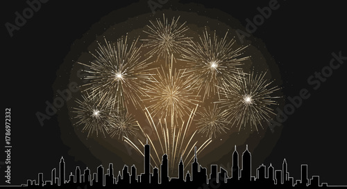 Golden fireworks exploding over a dark city skyline at night, celebrating an event.