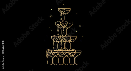 Elegant golden line art illustration of a champagne tower with sparkling liquid overflowing into coupe glasses on a black background, symbolizing celebration and luxury.