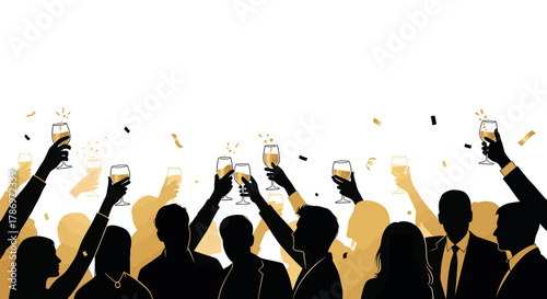 Silhouettes of people toasting with champagne glasses and falling golden confetti, celebrating an event.