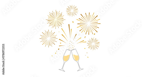 Champagne glasses toasting under a sky full of festive fireworks celebrating a special occasion.