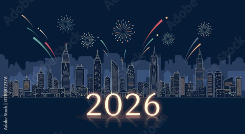 City skyline at night with glowing 2026 and colorful fireworks celebrating the new year.