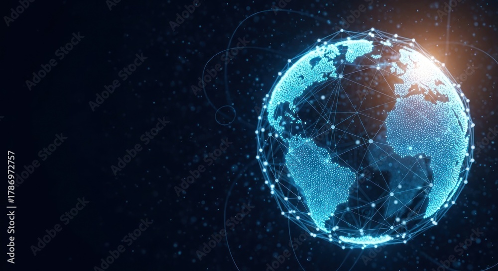 Obraz premium A glowing blue and white globe with a network of connections against a dark background.