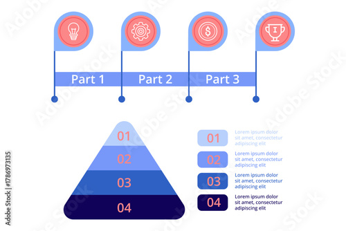 Infographic displaying clear progression through four stages of process aimed at achieving success. Each part including icons and corresponding text to explain steps