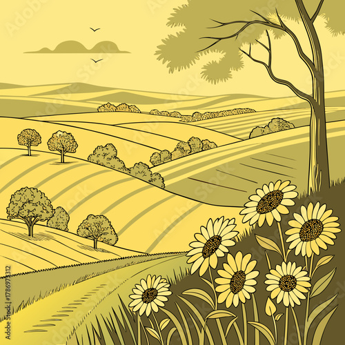 A serene countryside landscape unfolds with rolling hills, golden fields, and a cluster of sunflowers in the foreground, creating a picturesque rural scene