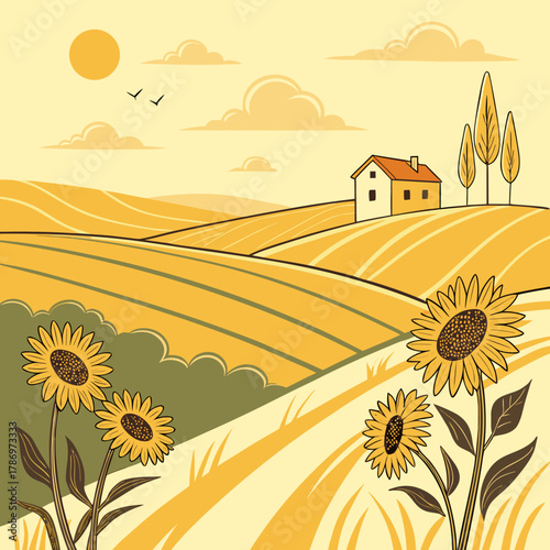 A picturesque countryside vista featuring rolling hills, golden fields, a quaint house, and sunflowers in the foreground, bathed in warm sunlight under a cloudy sky