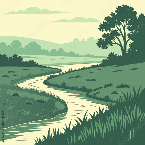 A serene landscape featuring a winding river flowing through lush green fields, with trees and hills in the background, creating a peaceful and natural scene