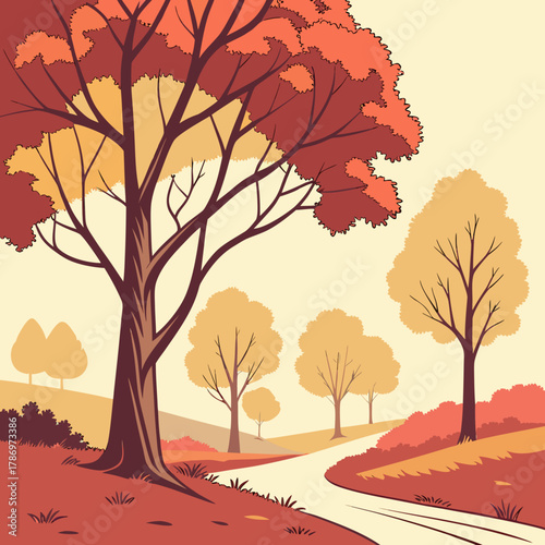 An autumnal landscape featuring a winding road lined with colorful trees, showcasing the vibrant hues of fall and creating a picturesque and inviting scene