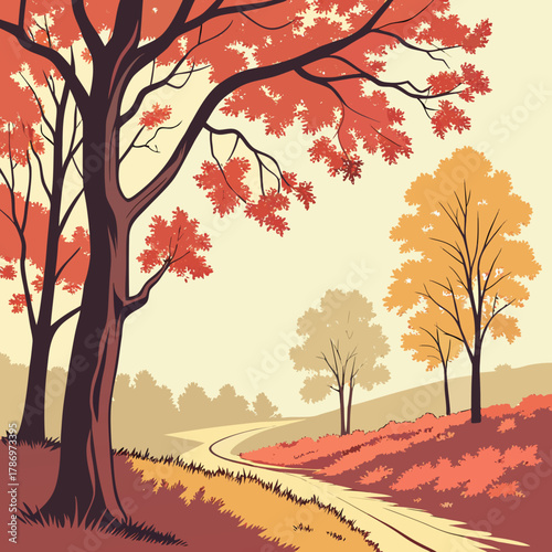 A winding road meanders through a picturesque autumn landscape, adorned with vibrant trees in hues of red, orange, and yellow, creating a serene and inviting scene