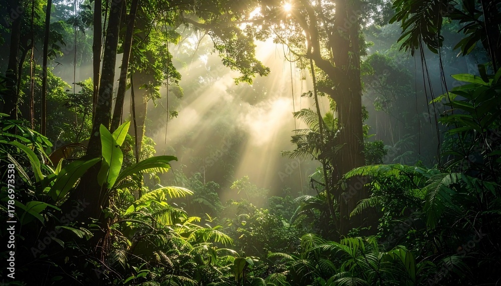 Naklejka premium Lush Tropical Rainforest Scene Featuring Sunlight Streaking Through Dense Foliage