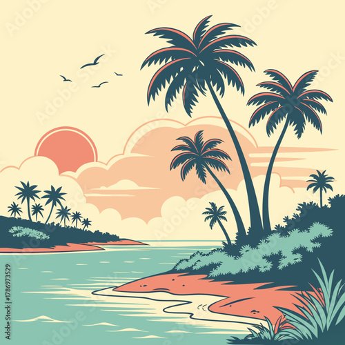 A picturesque tropical island scene featuring swaying palm trees, a calm turquoise sea, and a vibrant sunset casting a warm glow over the sandy beach and distant horizon