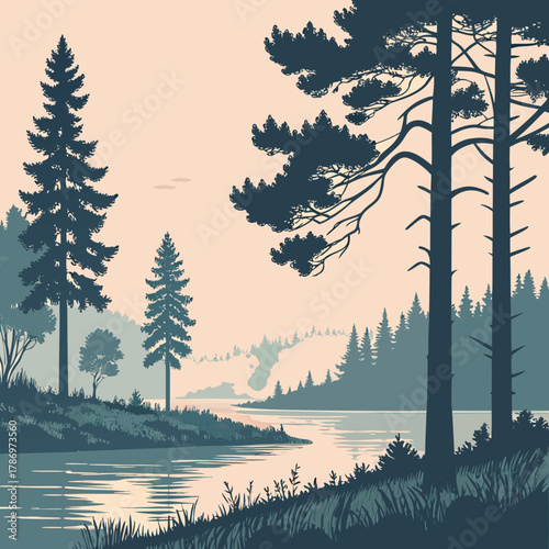 A picturesque lake surrounded by evergreen forests and towering pine trees, creating a tranquil and inviting scene with a sense of natural beauty and serenity