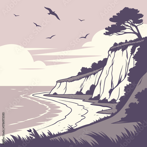Picturesque coastal vista illustration featuring dramatic cliffs, a serene beach, and graceful birds soaring above, embodying the allure of coastal beauty and tranquility