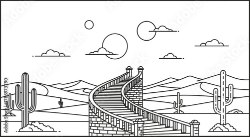 Desert landscape with stairs and cactus vector illustration art