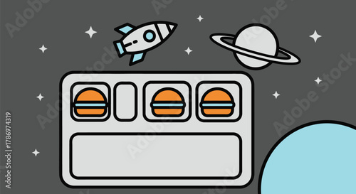 Space themed lunch tray with burgers rocket and planet illustration
