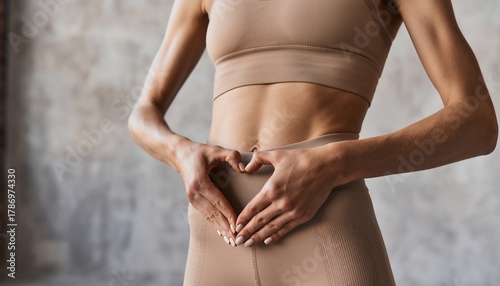 Close-up of a woman's toned abdomen, hands forming a heart shape, promoting health and wellness