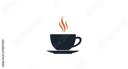A minimalist graphic illustration of a steaming hot coffee cup on a saucer, symbolizing warmth, morning rituals, and cozy beverages.