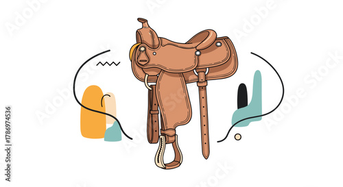 A brown leather western saddle, with stirrup and straps, is depicted with abstract colorful shapes and flowing lines on a white background.