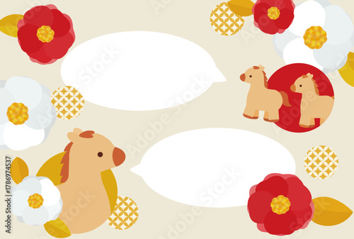 華やかでかわいい椿と馬の年賀状 吹き出し