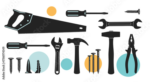 Various essential hand tools and fasteners for construction, repair, and DIY home improvement projects.