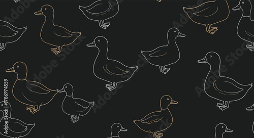 Seamless pattern of elegant metallic outline ducks and ducklings on a dark background, showcasing a charming and sophisticated design.