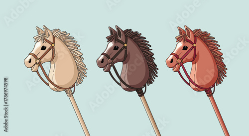 Three colorful hobby horses with bridles and wooden sticks, traditional children's toys, stand against a light blue background.