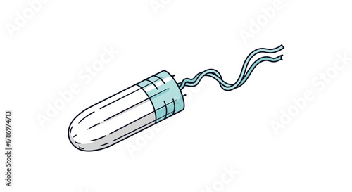 A simple illustration of a white menstrual tampon with a light blue removal string, depicted as a necessary feminine hygiene product for periods.