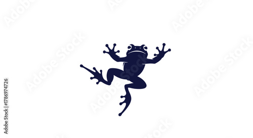 Dynamic navy blue silhouette of a frog with splayed limbs, captured in an active jumping or dancing pose, isolated on a clean white background.