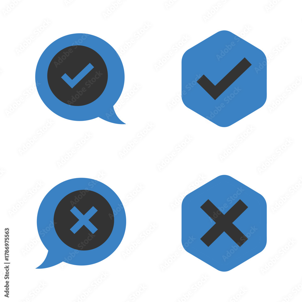 Fototapeta premium Blue checkmark and cross icons in speech bubble and hexagon shapes symbol