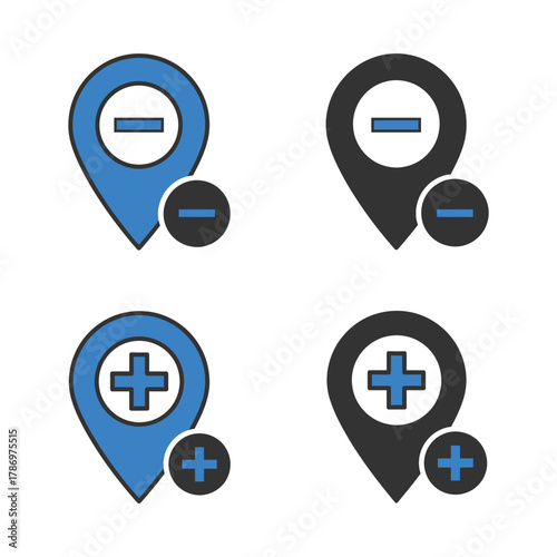 Blue and black map pin icons with plus and minus symbols location marker