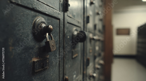 Closed government offices hallway with vintage locked metal safe deposit boxes giving uneasy nostalgic mood
