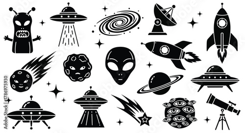 Outer space vector illustration with aliens and ufo spacecrafts