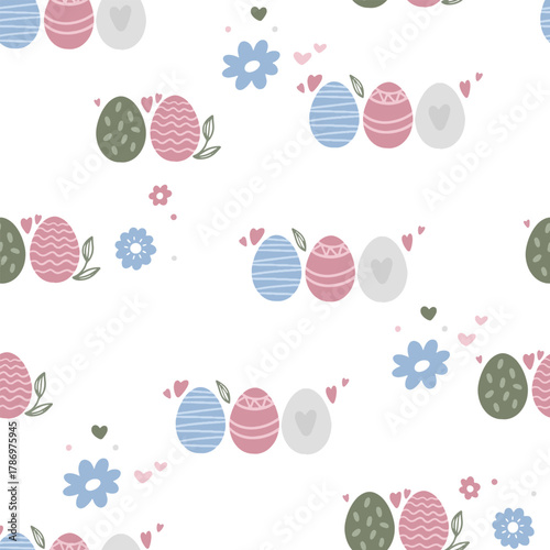 Colorful Easter bunny with eggs and flowers. Easter basket with eggs and sheep. Easter parity and pattern. Easter background for postcard, banner.	
