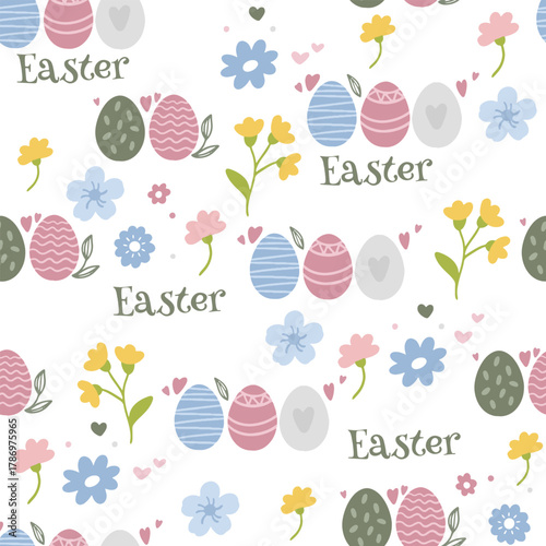 Colorful Easter bunny with eggs and flowers. Easter basket with eggs and sheep. Easter parity and pattern. Easter background for postcard, banner.	