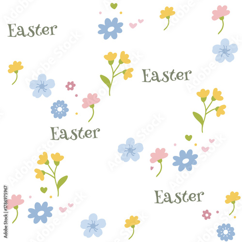 Colorful Easter bunny with eggs and flowers. Easter basket with eggs and sheep. Easter parity and pattern. Easter background for postcard, banner.	