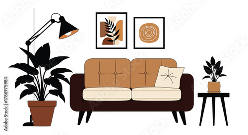 Cozy living room interior design with sofa plants and wall art decor