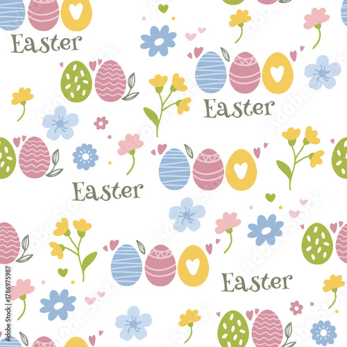Colorful Easter bunny with eggs and flowers. Easter basket with eggs and sheep. Easter parity and pattern. Easter background for postcard, banner.	