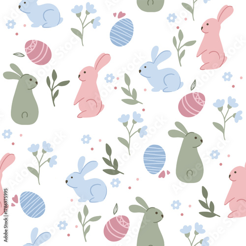 Colorful Easter bunny with eggs and flowers. Easter basket with eggs and sheep. Easter parity and pattern. Easter background for postcard, banner.	