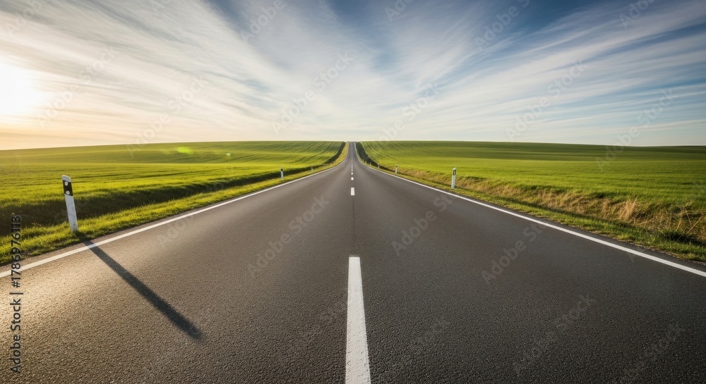 Naklejka premium A long, straight road stretching into the distance with green fields on either side and a clear blue sky above.