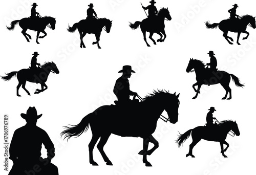 Cowboy and Horse Silhouette Set – Stylized Black Figures in Riding, Sitting, and Western Action Poses