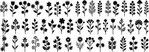Floral Silhouette Icon Set – Stylized Black Botanical Designs with Varied Petals, Stems, and Leaf Patterns