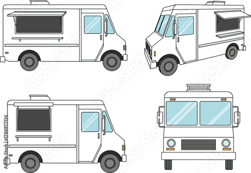 Food Truck Multi-View Icon Set – Stylized Side, Front, and Angled Perspectives with Open Serving Window