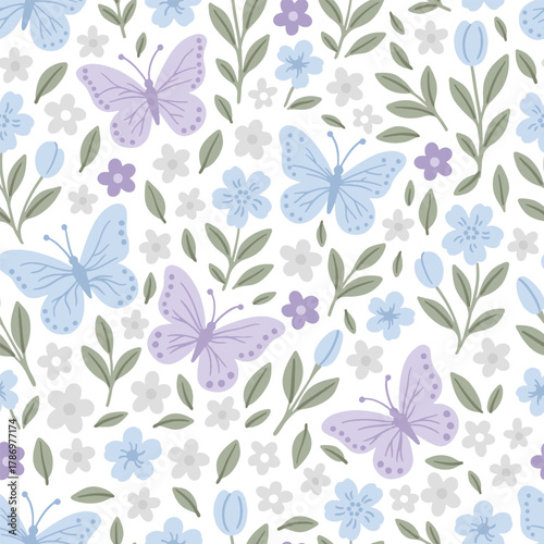 Seamless vector floral background pattern. A cute hand-drawn Easter pattern. Perfect for textiles, wallpaper, or nursery design.