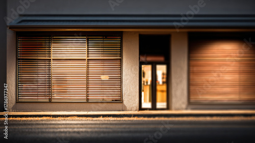 Fototapeta Naklejka Na Ścianę i Meble -  Closed office storefront at dusk with wooden blinds and warm interior light creating quiet urban mood