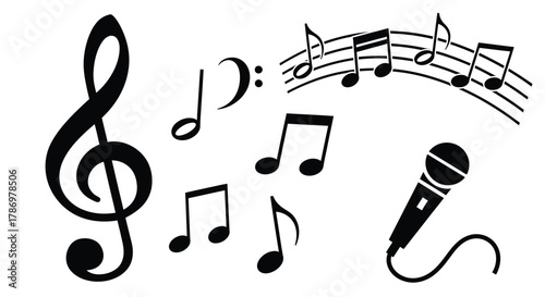 Music notes and microphone vector illustration for music design