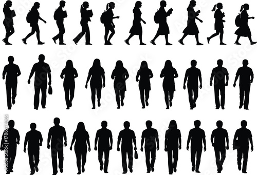 Walking Silhouette Set – Stylized Black Figures with Backpacks and Varied Gaits in Side and Front Views