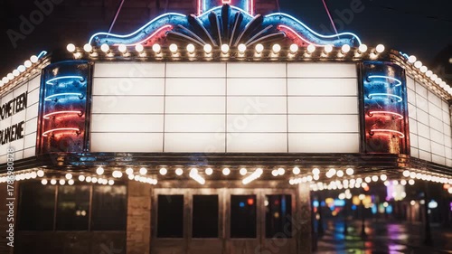 Retro Theater Marquee at Night - A vintage movie theater marquee, illuminated with neon lights and classic light bulbs, stands at the entrance of the theater.
