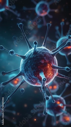 A microscopic rendering of a pathogenic viral agent with a glowing core, initiating an infection deep inside a biological system