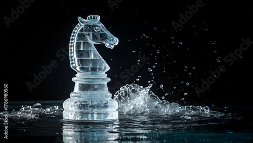 A glass chess knight piece is captured in a dynamic water splash against a dark backdrop, creating a striking contrast and sense of motion
