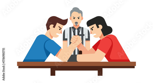 Illustration of a man and woman arm wrestling with a referee in the background on a wooden table