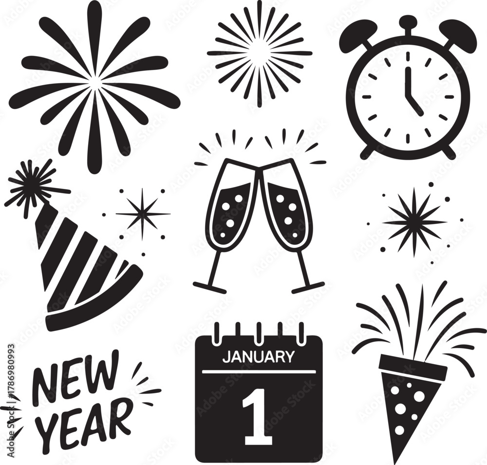 Naklejka premium New Year Celebration Icons Clock Fireworks Party Design